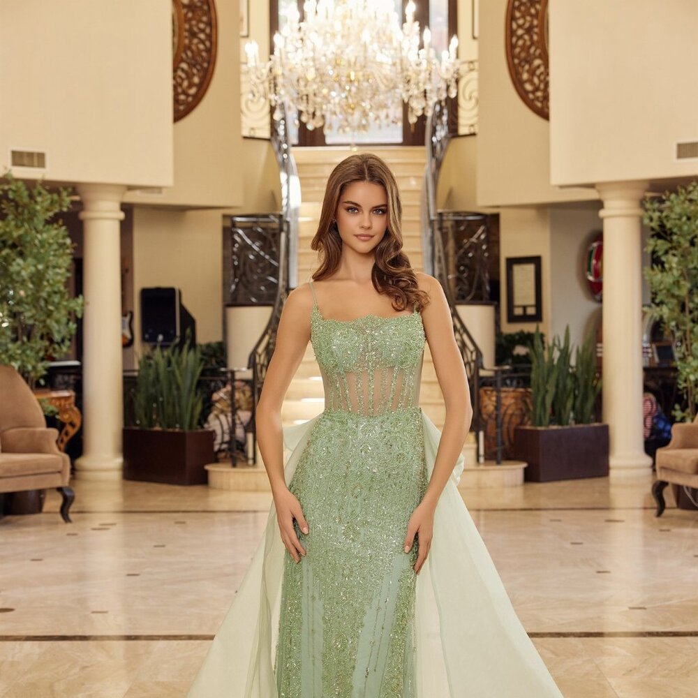 New Sage Green Sequins Embellished Evening Gown W/ Detachable Overskirt Nx N1763